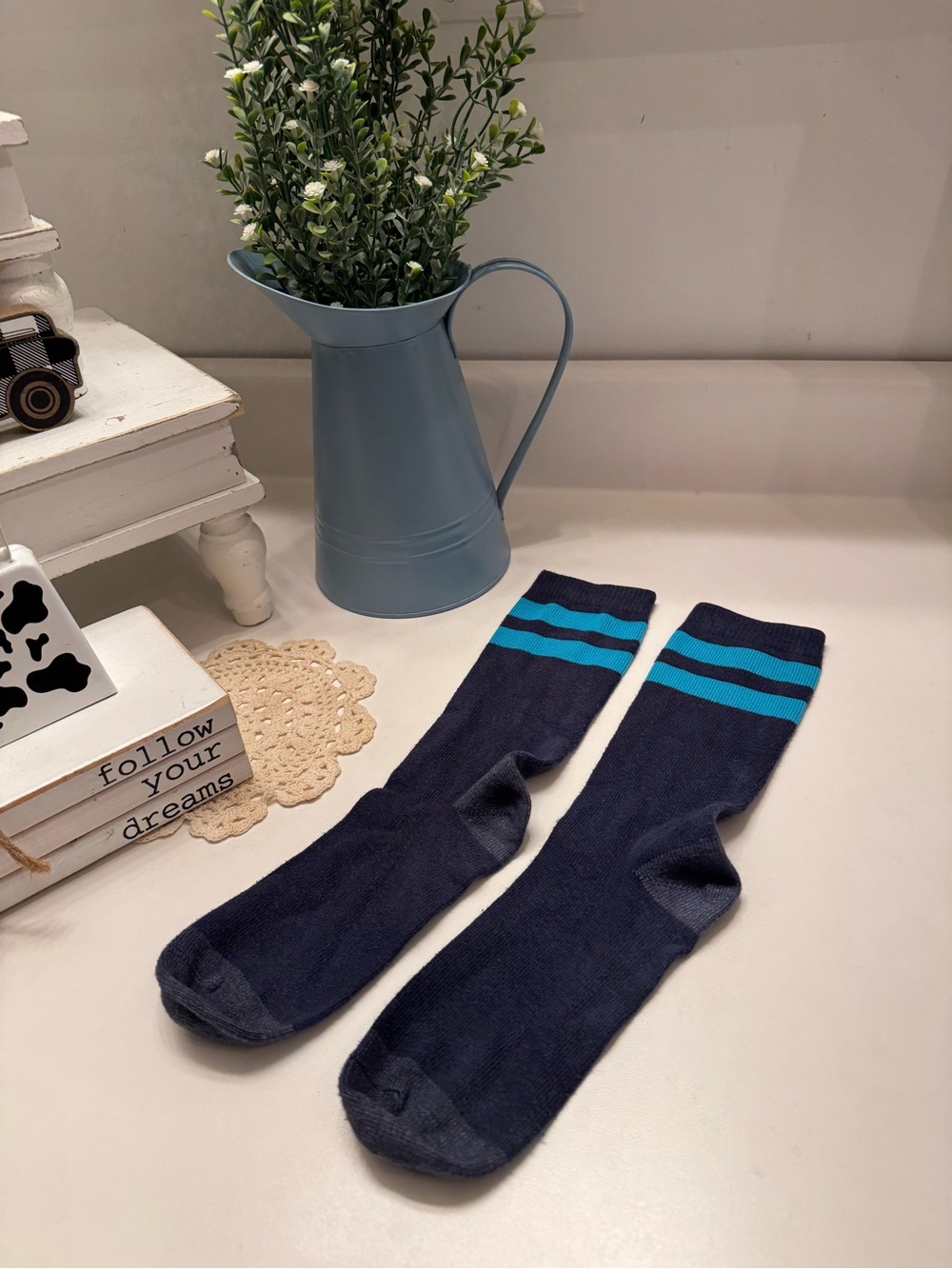 Women’s Navy Blue Athletic Socks with Teal Stripes